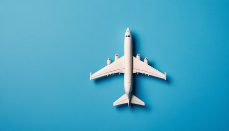 Airplane model on blue background. Minimal travel concept. Top viewの素材