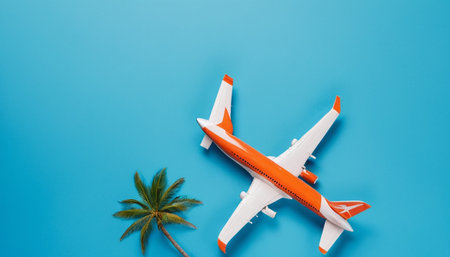 Airplane model and palm tree on blue background. Travel concept.の素材