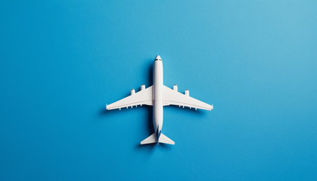 Airplane model on blue background. Minimal travel concept. Top viewの素材