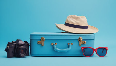 Vacation concept. Suitcase, hat, sunglasses and camera on blue backgroundの素材