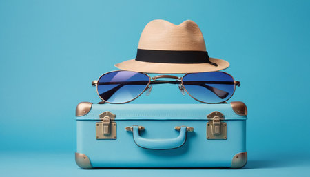 Suitcase with hat and sunglasses on blue background. Travel conceptの素材