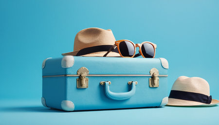 Suitcase with sunglasses and hat on blue background. Travel conceptの素材