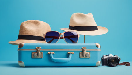 Suitcase with hat, sunglasses and camera on blue background.の素材