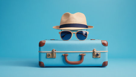 Suitcase with hat and sunglasses on blue background. Travel conceptの素材