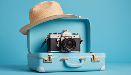 Vintage camera and blue suitcase on blue background. Travel concept.の素材