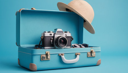 Vintage suitcase with camera and hat on blue background. Travel conceptの素材