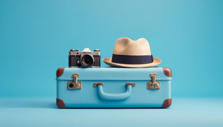 Vintage suitcase with hat and camera on blue background, travel conceptの素材