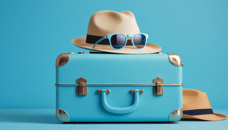 Blue suitcase with hat and sunglasses on blue background. Vacation conceptの素材