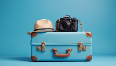 Vintage suitcase with camera and hat on blue background, travel conceptの素材