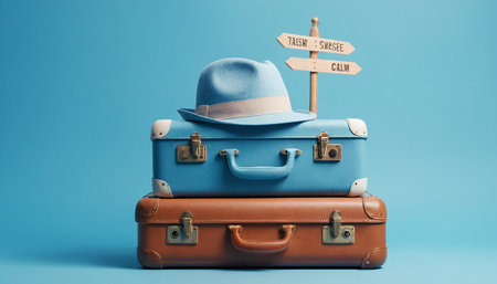 Luggage with hat and signpost on blue background, travel conceptの素材