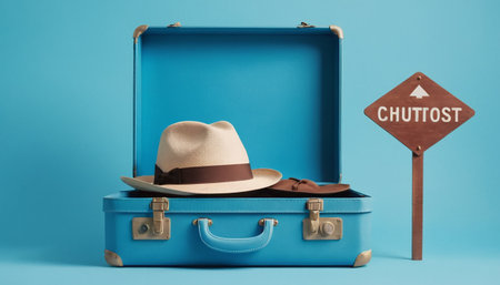 Luggage with a hat and a road sign on a blue backgroundの素材