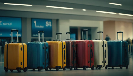 Colorful travel suitcases in airport terminal. Travel and tourism conceptの素材