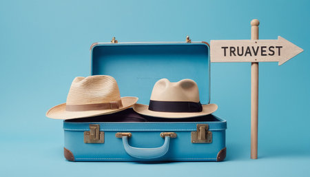 Travel concept with blue suitcase, hat and direction sign on blue backgroundの素材