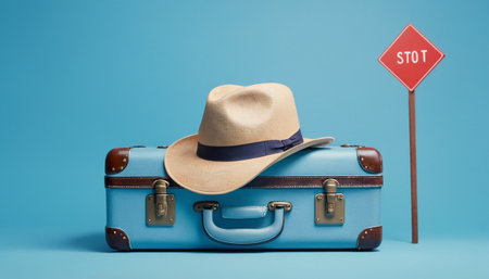 Travel suitcase with straw hat and a road sign on a blue backgroundの素材
