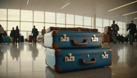 Luggage in airport terminal waiting for flight. Travel and tourism conceptの素材