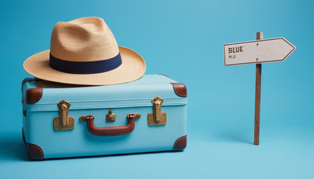 Vacation and travel concept. Suitcase and hat on blue backgroundの素材