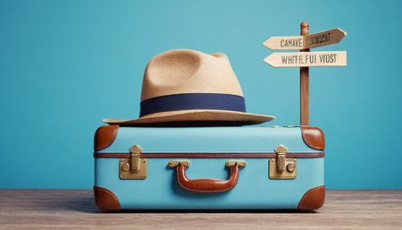 Vintage suitcase with hat and signpost on blue background. Travel conceptの素材