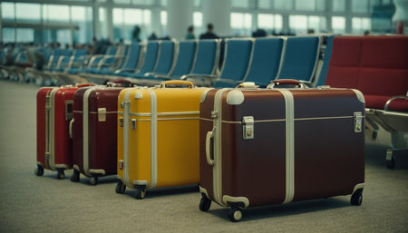 Suitcases in the airport waiting area. Travel and vacation concept.の素材