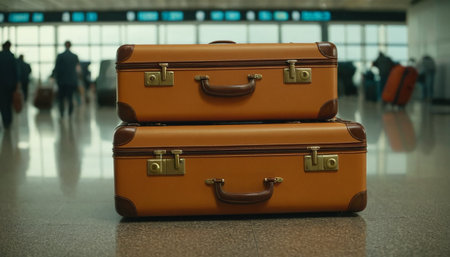 Suitcases in airport terminal, travel concept. Vintage tone.の素材