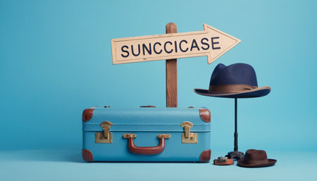 Suitcase, hat and signboard with success text on blue backgroundの素材