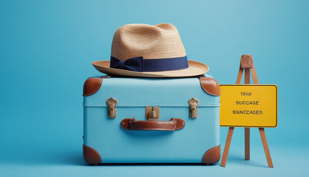 Travel suitcase and hat on blue background. Travel and vacation concept.の素材