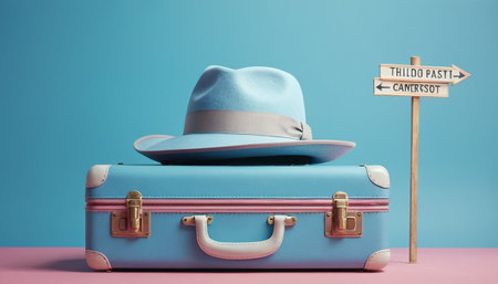 Travel suitcase with hat on blue background. Travel and vacation concept.の素材
