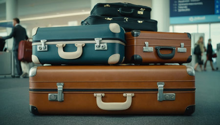 Pile of suitcases in airport terminal, travel and vacation conceptの素材