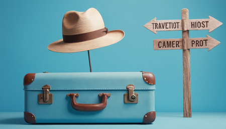 Vintage travel suitcase and hat on blue background. Travel planning concept.の素材