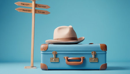 Travel suitcase with hat and wooden signpost on blue background. Travel conceptの素材
