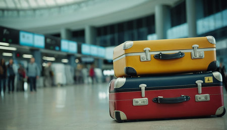 Pair of travel suitcases in airport terminal, shallow depth of fieldの素材