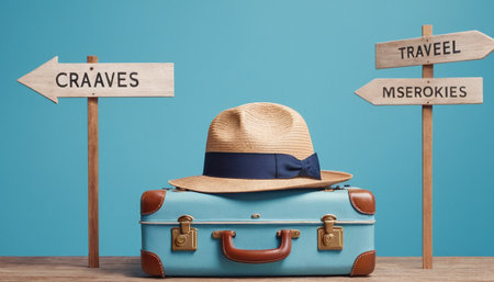 Travel suitcase with hat and wooden signpost on blue background. Travel conceptの素材
