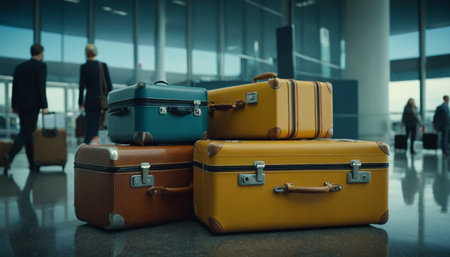 Group of luggage in airport terminal. Travel and tourism concept background.の素材