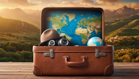 Traveler's suitcase with hat and binoculars on the background of mountains.の素材