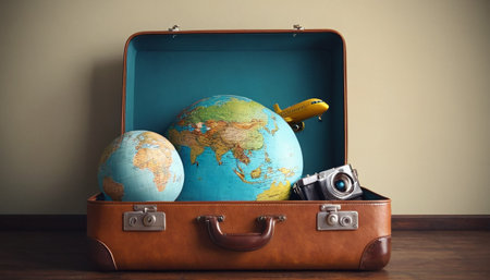 Traveler's suitcase with world map, camera and airplane on wooden tableの素材