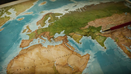 Old map of the world with red pencil on it. Selective focus.の素材