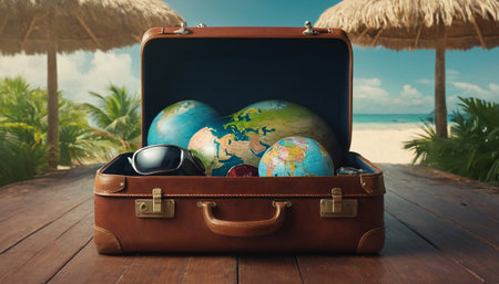 Travel suitcase with world globe and sunglasses on a tropical beach background.の素材