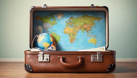Suitcase with world map and globe on wooden floor in roomの素材
