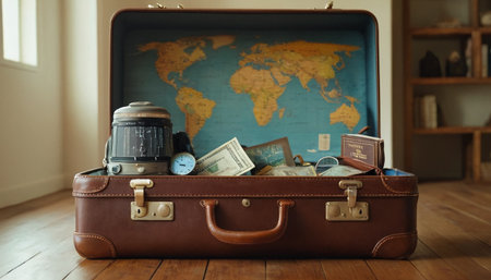Vintage suitcase with travel stuff on wooden floor. Travel concept.の素材