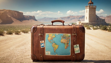 Vintage suitcase with map and old lighthouse in the desert. Travel conceptの素材
