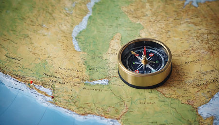 Compass on the map. Conceptual image of travel and adventureの素材