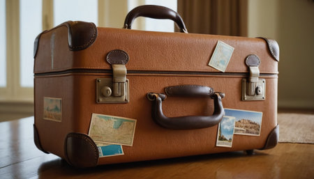 Vintage brown leather travel suitcase on wooden table in hotel room.の素材