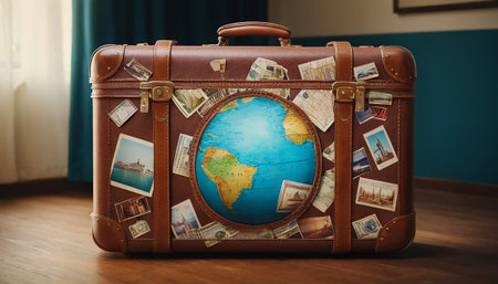 Vintage suitcase with world map and money on wooden floor in roomの素材