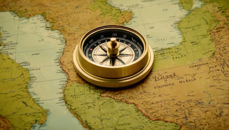 Compass on the background of the world map. Selective focus.の素材
