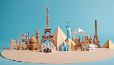 Travel concept with famous monuments of the world. 3d illustration.の素材