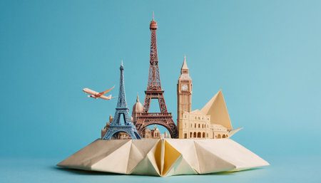 Travel concept with eiffel tower and paper plane on blue backgroundの素材