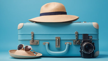Blue suitcase, hat, sunglasses and camera on blue background. Travel conceptの素材