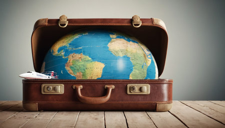 Suitcase with world map and airplane on wooden table. Travel conceptの素材