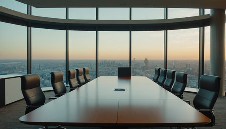 Meeting room in a modern office with panoramic city viewの素材