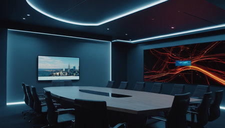 3d rendering conference room with TV screen and city view in backgroundの素材