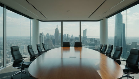 Meeting room with panoramic view of New York City, USAの素材